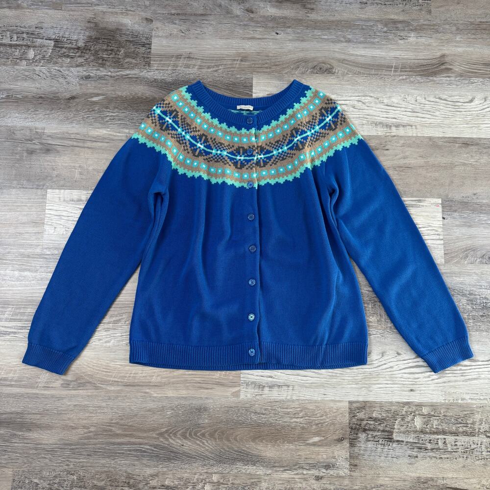 NWT Talbots Blue Cotton Fair Isle Cardigan Sweater Nordic Preppy Après Ski XL